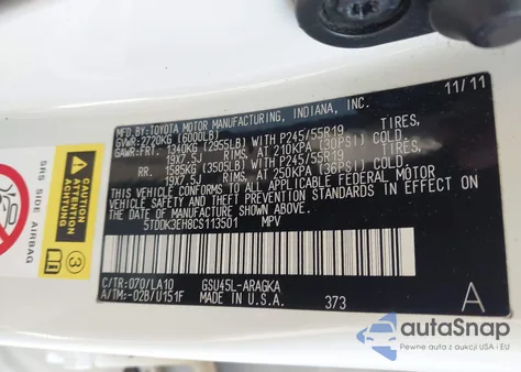 2012 Toyota Highlander Limited V6 z USA, uszkodzony, nr VIN 5TDDK3EH8CS113501